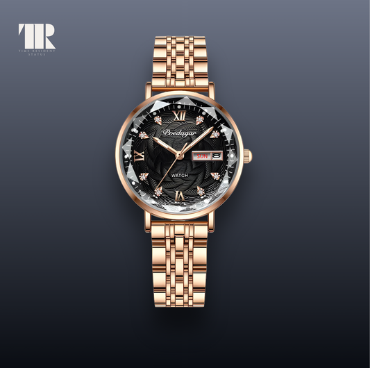 POEDAGAR 3012 Daydate women’s luxury stainless steel watch with rose gold bracelet and minimalist dial