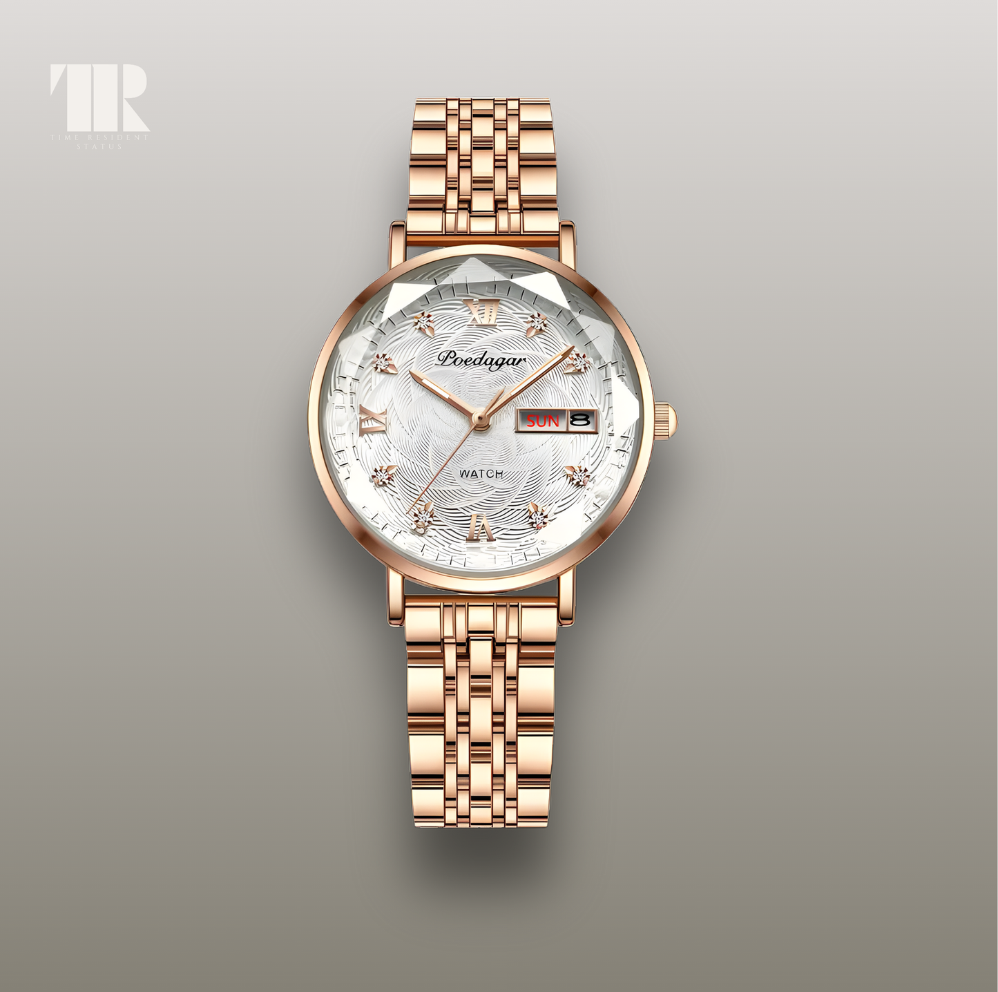 Side profile of POEDAGAR 3012 Daydate women’s watch showing slim stainless steel case and smooth bracelet design