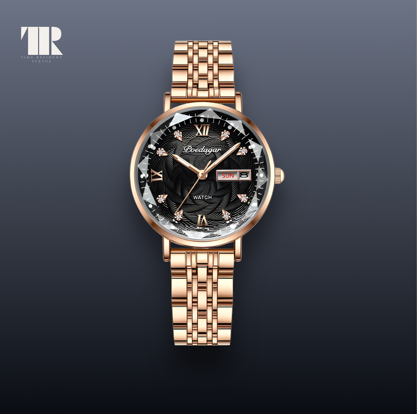 POEDAGAR 3012 Daydate women’s luxury stainless steel watch with rose gold bracelet and minimalist dial