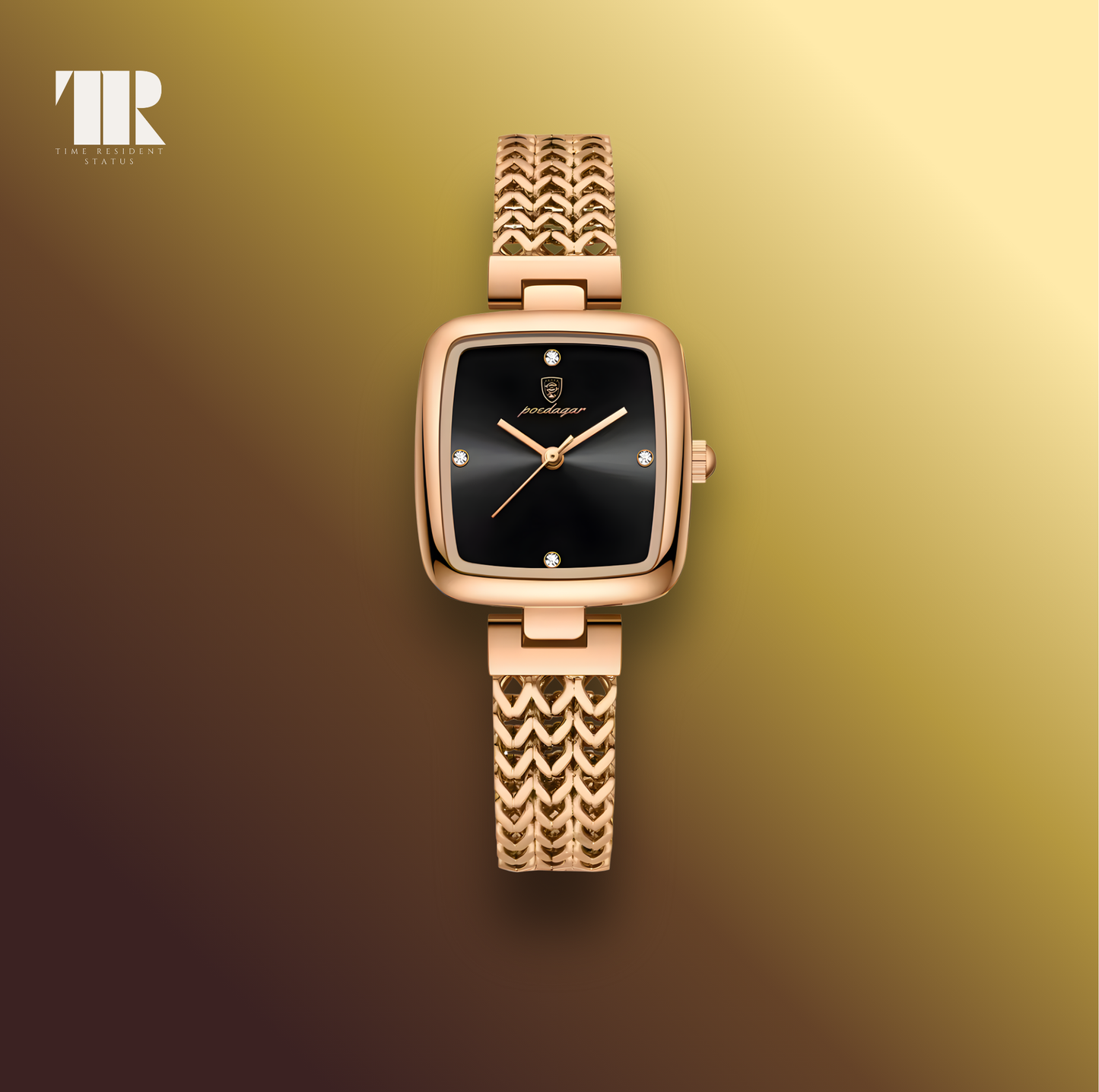Side view of POEDAGAR 768 Classic Square women’s luxury watch showing slim square stainless steel case