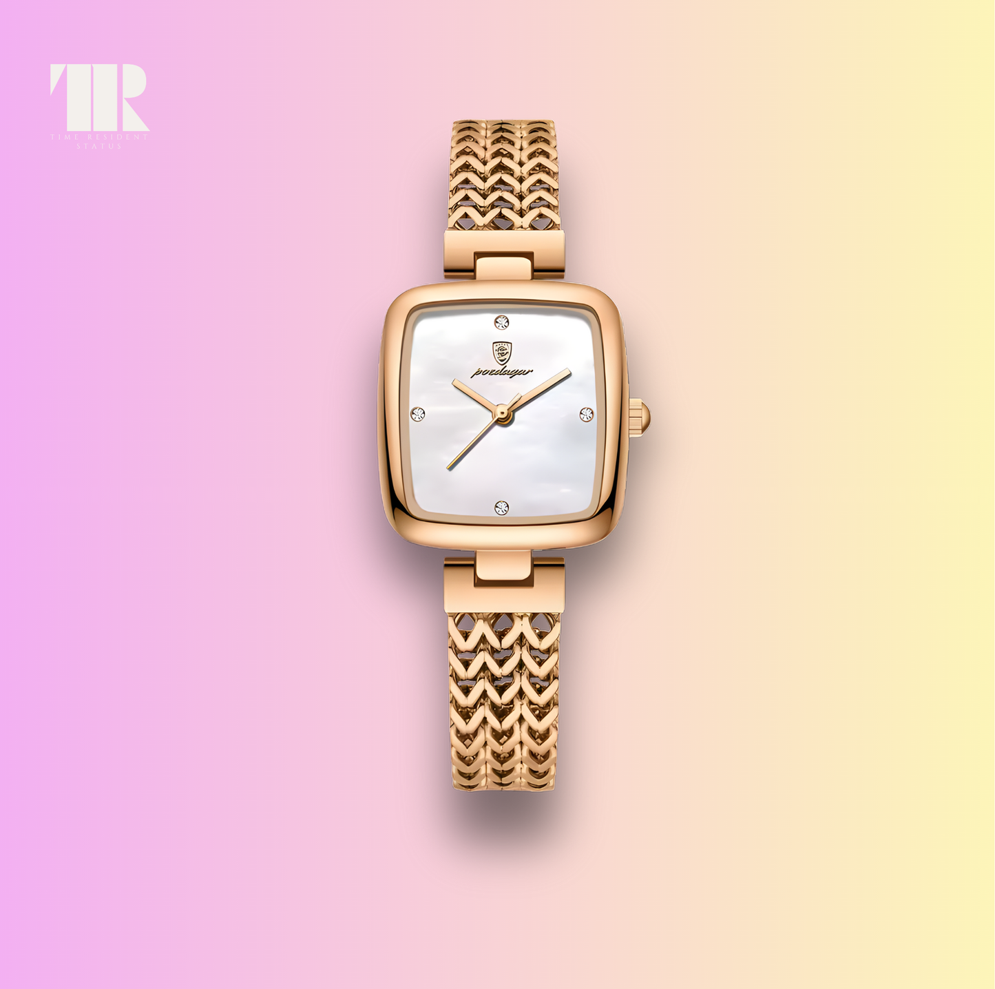 Elegant woman wearing POEDAGAR 768 Classic Square rose gold stainless steel watch in business outfit