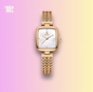 Elegant woman wearing POEDAGAR 768 Classic Square rose gold stainless steel watch in business outfit