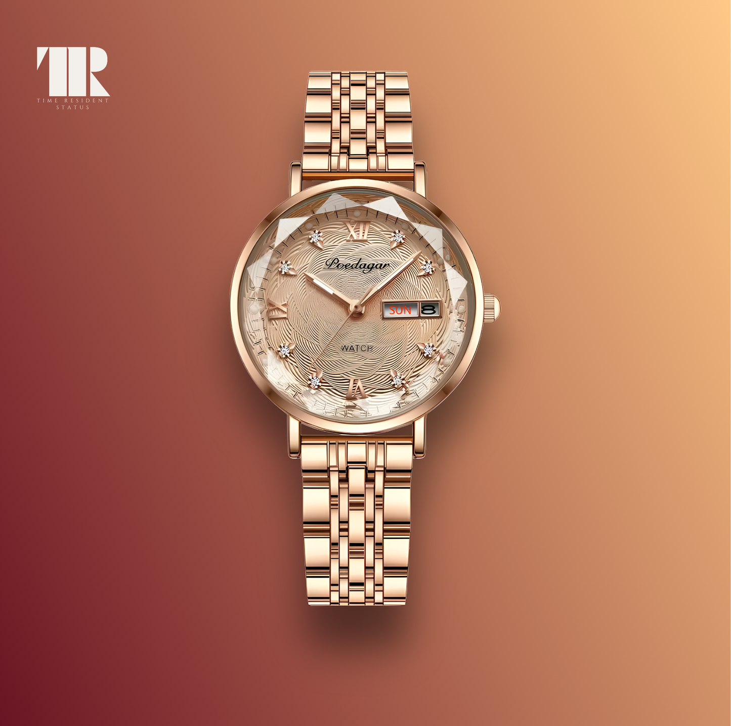 Elegant woman wearing POEDAGAR 3012 Daydate silver luxury watch – business and fashion style